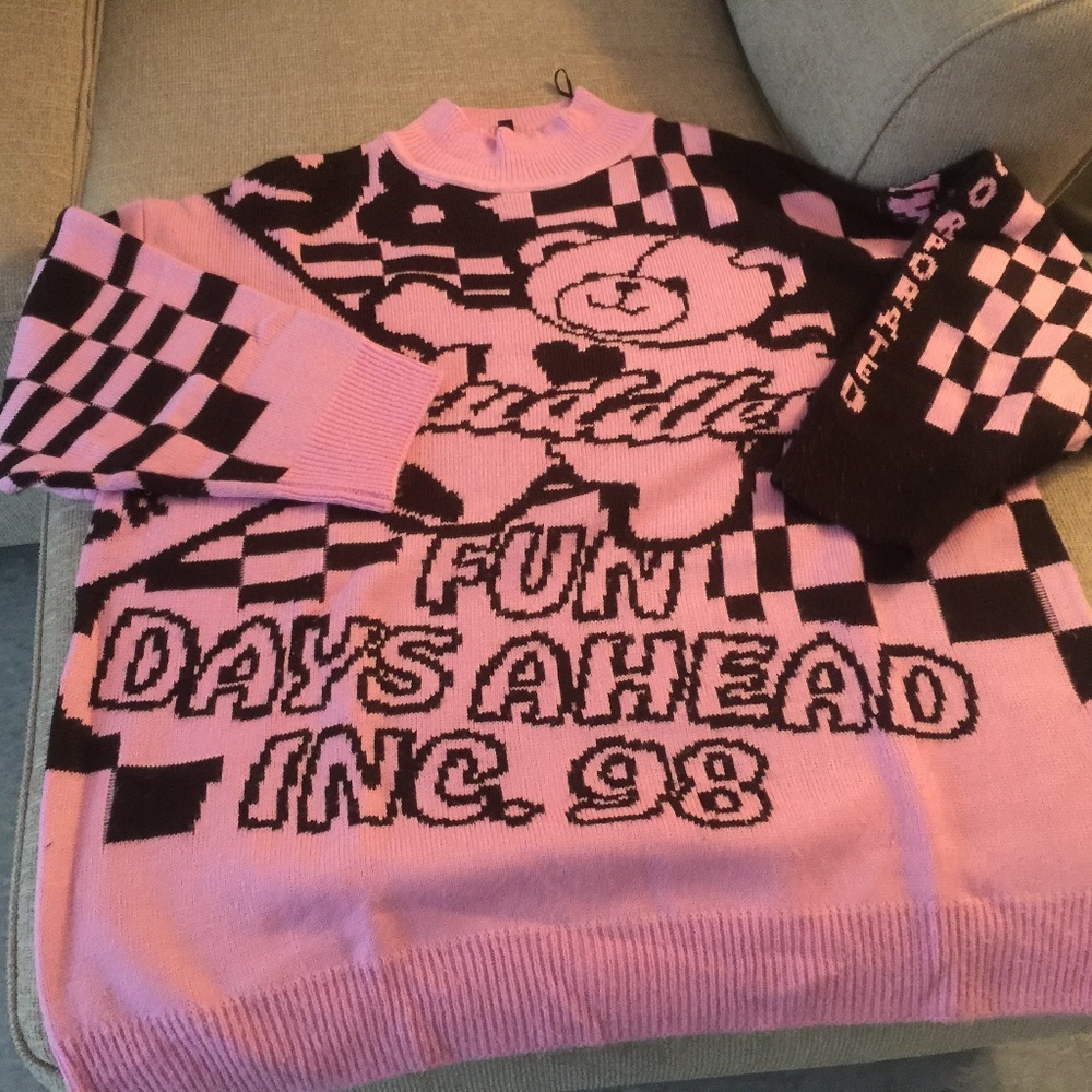H&M Pink and Black teddy bear sweater